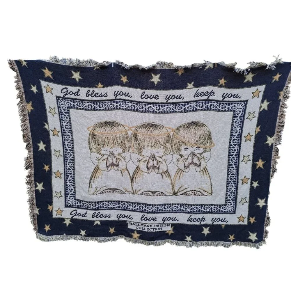 Vintage Goodwin Weavers Fringed Hallmark Cherub Angel Tapestry Throw Blanket USA